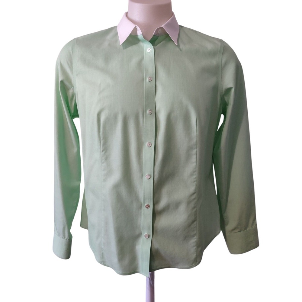 Talbots Button Down Shirt Women 16 Green White Contrast Collar Wrinkle Resistant